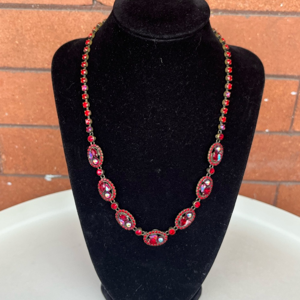Signed Sorelli Vibrant Red Rhinestone Designer Tennis Statement Necklace